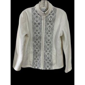 Alfred Dunner Women’s Medium Petite White Fleece Jacket Embroidered Zip Front